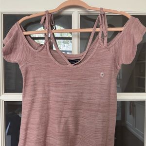 New American Eagle dusty rose top with strappy details and off the shoulder.